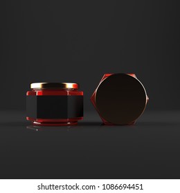 Blank label black honey jars on dark background. Ad concept. Mock up, 3D Rendering 