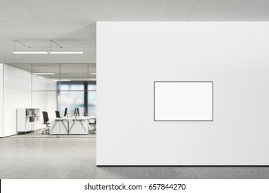 Blank Landscape Poster On The Wall In Modern Office With Clipping Path Around Poster. 3d Illustration