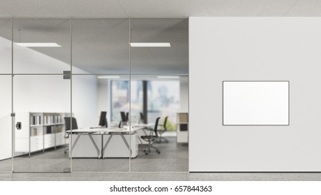 Blank Landscape Poster On The Wall In Modern Office With Clipping Path Around Poster. 3d Illustration