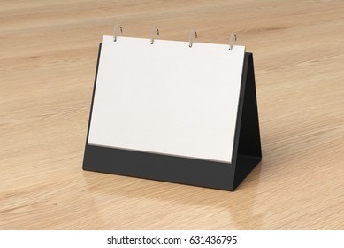 Blank Landscape Table Top Flip Chart Easel Binder Or Calendar Mockup Standing On Wooden Background. 3d Illustration