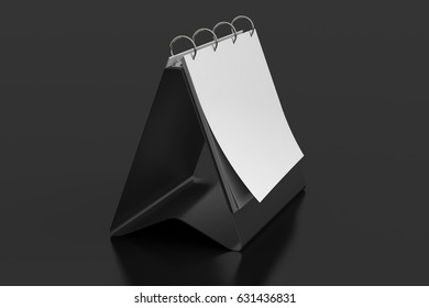 Blank Landscape Table Top Flip Chart Easel Binder Or Calendar Mockup Standing On Black Background. 3d Illustration