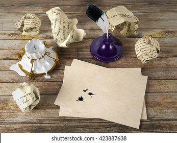 Blank letter paper on wood table with quill pen and inkwell, 3D rendering