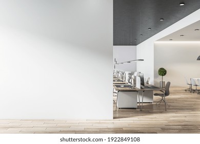 Blank light grey wall in sunny open space office with wooden floor and eco style furniture. Mockup. 3D rendering