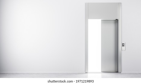 Blank Light Wall And Open Elevator Doors In Abstract Hall. 3D Rendering, Mockup