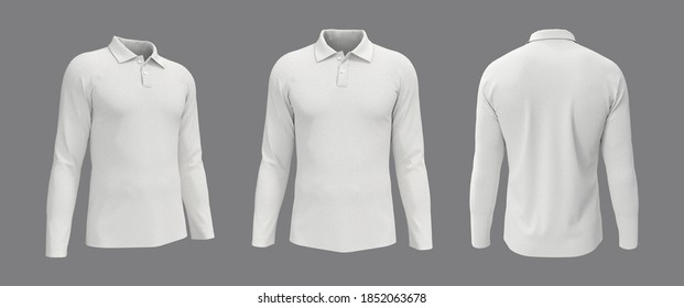 Blank long sleeve collared shirt mockup, front, side and back views, plain t-shirt mockup, tee design presentation for print, 3d rendering, 3d illustration