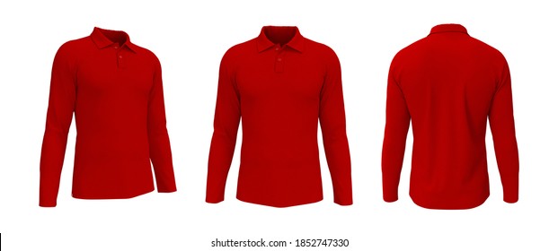 Blank long sleeve collared shirt mockup in front, side and back views. Tee design presentation for print, 3d rendering, 3d illustration