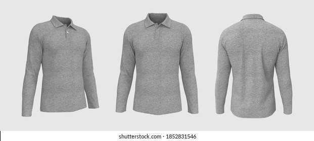 Blank Long Sleeve Collared Shirt Mockup In Front, Side And Back Views. Tee Design Presentation For Print, 3d Rendering, 3d Illustration