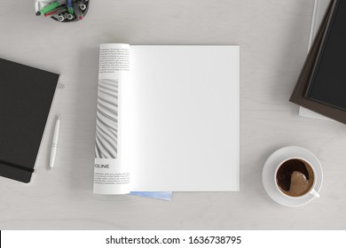 Blank Magazine Page. Workspace With Magazine Mock Up On The White Desk With Cup Of Coffee. Directly Above View. 3d Illustration 