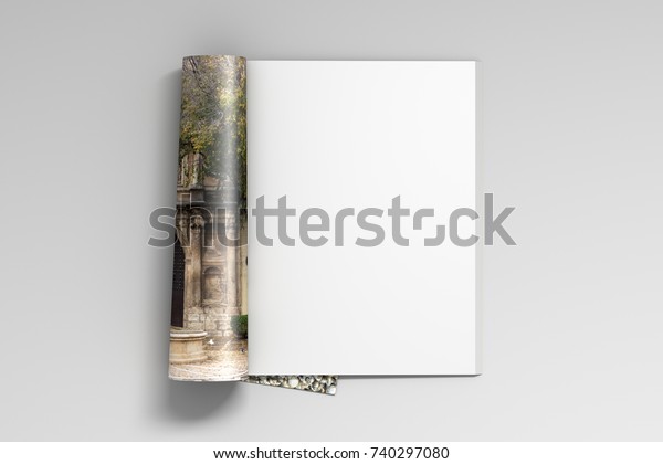 Blank magazine pages with glossy paper\
isolated on white background. 3d\
illustration