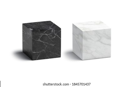 Blank marble black and white cube mockup set, 3d rendering. Empty cuboid geometric form with onyx stains mock up, isolated. Clear matte sculpture with marmoreal material texture template.
