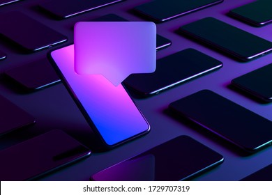 Blank Message Notification. Speech Bubble on Mobile Phone With Multicolored Screen. Social Media Concept and Online Communication. 3d rendering