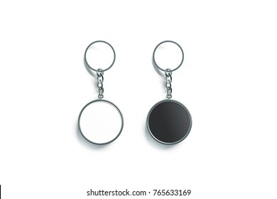 Blank metal round black and white key chain mock up top view, 3d rendering. Clear silver circular keychain design mockup isolated. Empty plain keyring souvenir holder template. Steel trinket label