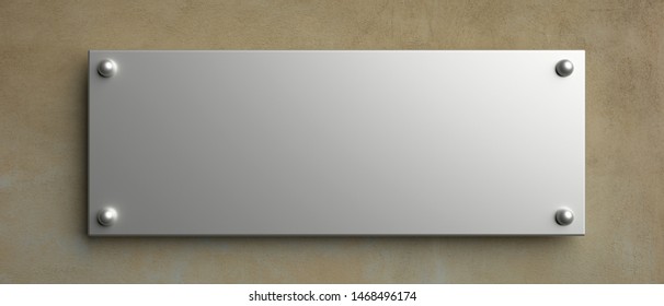 Blank Metal Wall Sign Mock Up, 3d Illustration. Office Rectangle Signage. Clear, Empty Nameplate Template, Copy Space.