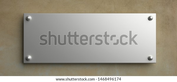 Blank metal\
wall sign mock up, 3d illustration. Office rectangle signage.\
Clear, empty nameplate template, copy\
space.