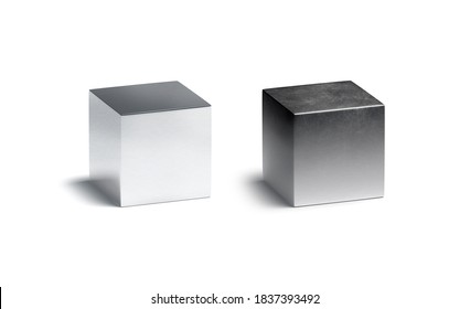 Blank Metallic Gloss And Matte Cube Mockup Set, 3d Rendering. Empty New And Old Scratched Metal Cuboid Mock Up, Isolated. Clear Shabby And Polished Chromium Figure Template.