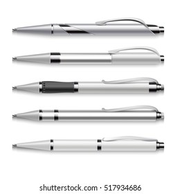 Blank And Metallic Pens Template On White Background. Set Of Automatic Pens, Illustration Of Mockup Pen