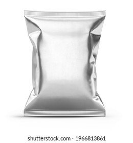 Blank metallic plastic bag. Food snack, chips packaging isolated on white background. 3d rendering mockup template