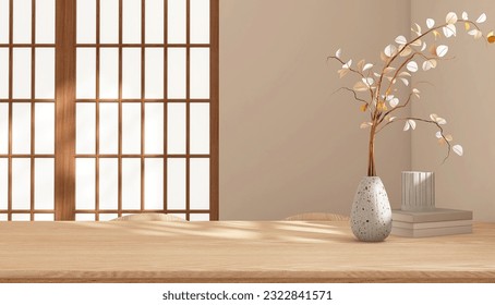 Blank minimal natural wooden dining table with twig in vase, sunlight on traditional Japanese brown shoji door, beige wall for interior design decoration, luxury beauty product display background 3D - Powered by Shutterstock