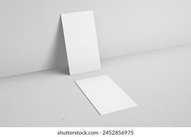blank minimalist 90x50mm us size vertical brand identity business name card with sharp corner leaning to wall realistic mockup design template 3d render illustration