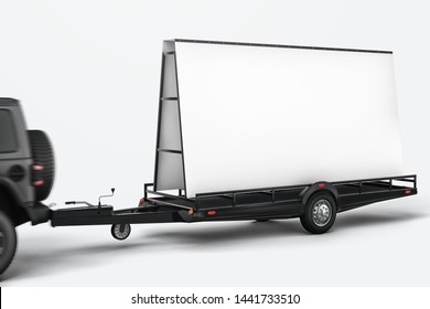 Blank Mobile Billboard Trailer With Car Mockup. 3D Rendering