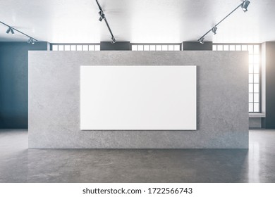 Blank Mock Up Banner On Wall In Modern Empty Spacious Hall With City View. Museum And Exhibition Concept. 3D Rendering