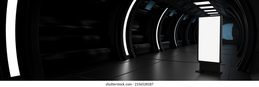Blank mock up vertical billboard or LCD screen floor stand in spaceship or space station interior, Sci Fi tunnel, advertising concept, Template Horizontal Banner header for Website, 3D rendering.