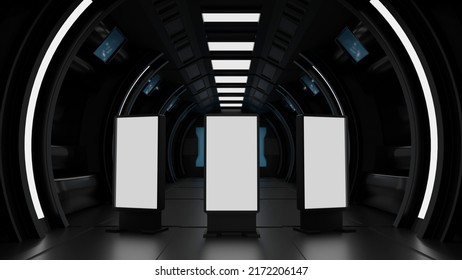 Blank Mock Up Vertical Billboard Or LCD Screen Floor Stand In Spaceship Or Space Station Interior, Sci Fi Tunnel, Advertising Concept, 3D Rendering.