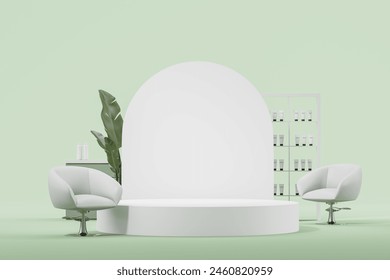 Blank mockup copy space podium and two armchairs, salon and shelf with cosmetics with plant. Concept of beauty or skin care product promotion. 3D rendering