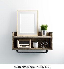 Blank Mockup Frame On Wall Shelf Industrial 3d Illustration