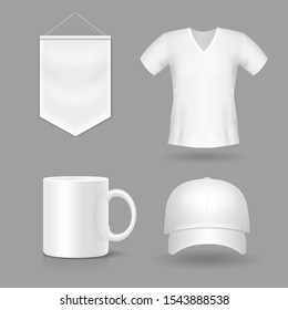 Blank Mock-up Promotional Gifts. Realistic Cap, Mug, T-shirt And Flag Icons 3d Illustration