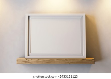 blank modern clean a4 size paper landscape achievement certificate poster on simple white frame on wooden shelf with warm interior light realistic mockup isolated 3d rendering illustration - Powered by Shutterstock