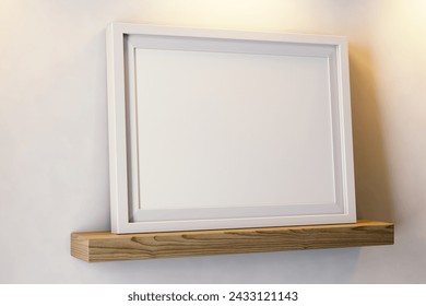 blank modern clean a4 size paper landscape achievement certificate poster on simple white frame on wooden shelf with warm interior light realistic mockup isolated 3d rendering illustration - Powered by Shutterstock