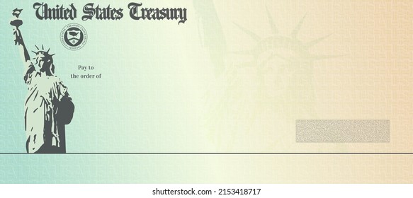 Blank Money Check Template. Fake Stimulus Cheque Mockup. Bank Checkbook Background