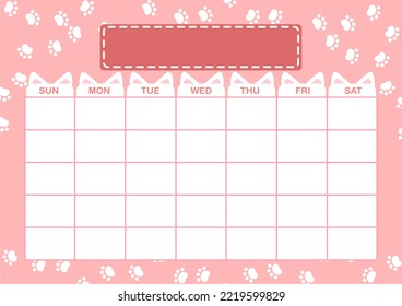 Blank Monthly Calendar With 5 Rows And Sunday Start Cat Design In Pink And Red Printable On A3