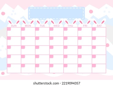 Blank Monthly Calendar With Pastel Easter Bunny Theme In Pink, Blue, White, And Gray. Has 5 Rows And Is Printable At 300 Dpi On Papers Up To A3 In Size