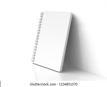 Blank Notebook Mockup In 3d Rendering, White Hard Cover Book Lean On White Wall
