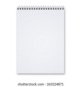 Blank Notebook Sketch Pad With Metal Spiral With Lots Of Copy Space, Isolated On A White Background With Shadow.