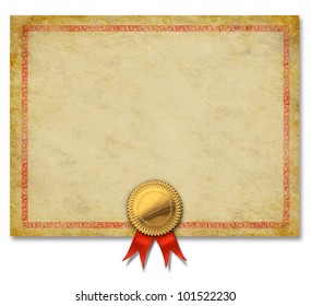 Blank Old Grunge Certificate With A Gold Crest And Red Ribbon As An Ornate Decorative  Diploma Frame Or Merit Award For An Achievement On A White Background.