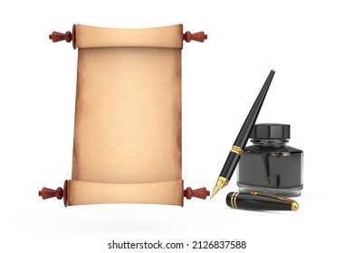 Blank Old Paper Scroll Parchment Mockup and Fountain Pen with Black Ink Bottle on a white background. 3d Rendering 