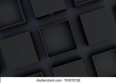 Blank Open And Closed Black Square Boxes Mockup On Black Background. 3d Illustration