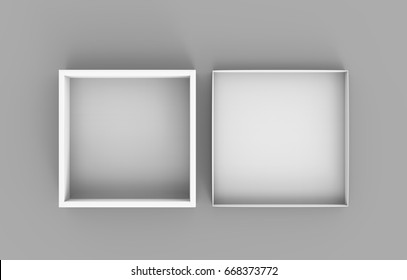 Blank Open Flat 3d Rendering White Square Box With Lid On The Ground, Isolated Gray Background Top View