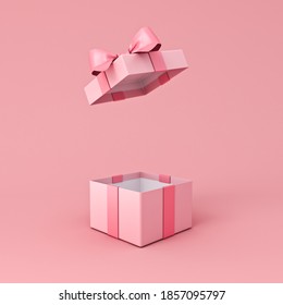 Blank Open Pink Gift Box Or Present Box With Pink Ribbon Bow Isolated On Light Pink Orange Pastel Color Background With Shadow Minimal Conceptual 3D Rendering