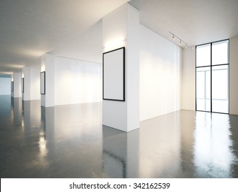 Blank Open Space Gallery Interior With Canvas . 3d Render