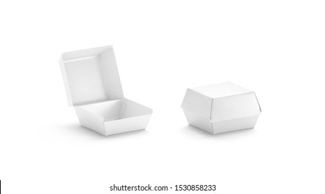 Blank Opened And Closed White Burger Box Mockup, Side View, 3d Rendering. Empty Chicken Wings Paper Boxed Mock Up, Isolated. Clear Meal Storage For Takeout Deliver Cafe Branding Template.