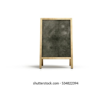 Blank outdoor chalkboard stand mockup, isolated, front view, 3d rendering. Clear street signage with blackboard mock up. A-board with wooden frame template. Bar or restaurant welcome easel.