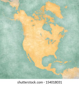 Blank Outline Map Of North America. The Map Is In Vintage Summer Style And Sunny Mood. The Map Has A Soft Grunge And Vintage Atmosphere, Which Acts As A Painted Watercolors. 