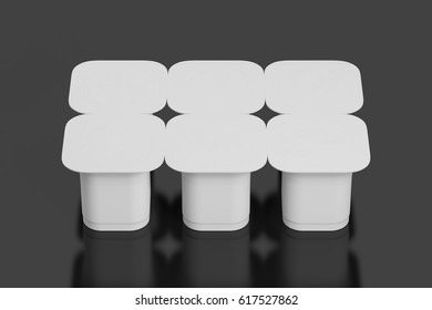 Blank Pack Of Six White Yogurt  Packaging. Mockup Dessert Plastic Container Isolated On Black Background With Clipping Path. 3D Illustration