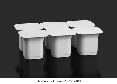 Blank Pack Of Six White Yogurt  Packaging. Mockup Dessert Plastic Container Isolated On Black Background With Clipping Path.3D Illustration