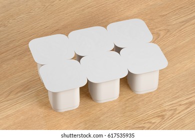 Blank Pack Of Six White Yogurt  Packaging. Mockup Dessert Plastic Container Isolated On Wooden Background With Clipping Path. 3d Render