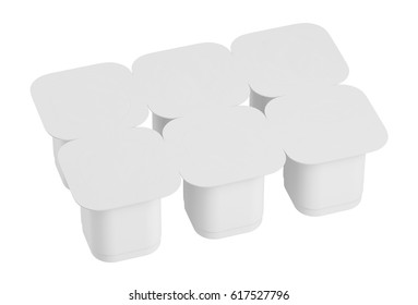 Blank Pack Of Six Yogurt  Packaging. Mockup Dessert Plastic Container Isolated On White Background With Clipping Path. 3D Illustration